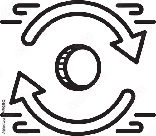 Black outline vector icon depicting a circular exchange or refresh symbol with two arrows rotating around a central coin or circle, ideal for business, finance