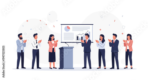Business meeting success: team applauds speaker at presentation with charts
