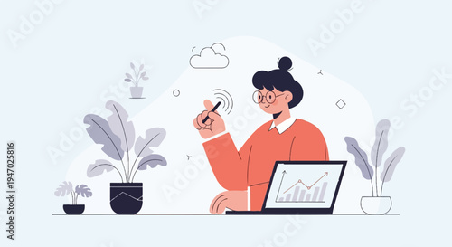 Flat illustration of a person interacting with a tablet, surrounded by plants and digital graphics