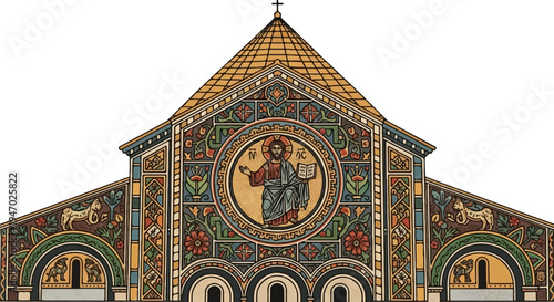 Ornate facade of a Byzantine-style church with mosaic of Christ central