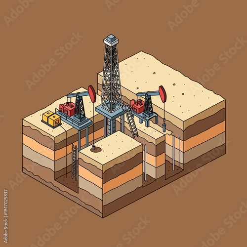 Isometric illustration of oil extraction, showcasing drilling rigs and subsurface layers.