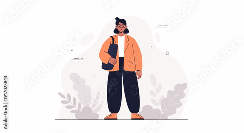 Flat illustration of a person with glasses, orange jacket, dark pants, holding a bag, amidst stylized foliage