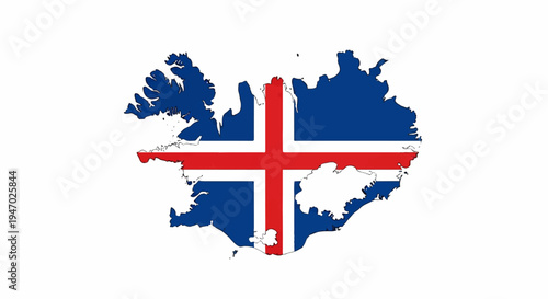Silhouette map of Iceland, overlaid with its national flag colors