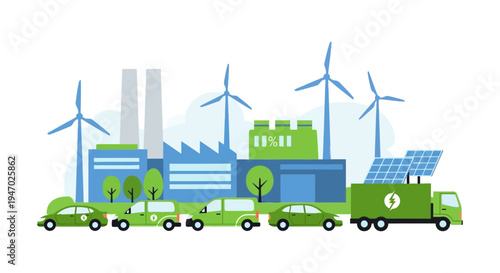 Sustainable Green Energy Ecosystem with Electric Vehicles, Wind Turbines, Solar Panels, and Smart Charging Infrastructure - Eco-Friendly Transport Illustration