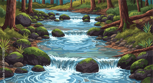 Pixel art forest stream with mossy rocks, flowing water, and trees