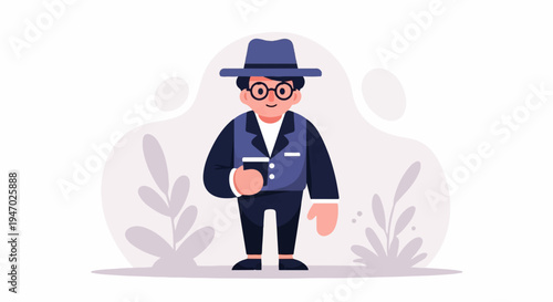 Flat illustration of a smiling person in a hat and suit holding a cup