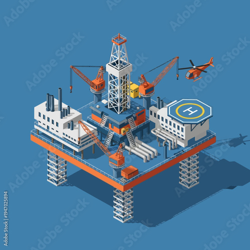 Isometric illustration of an offshore oil rig with a helicopter and cranes.