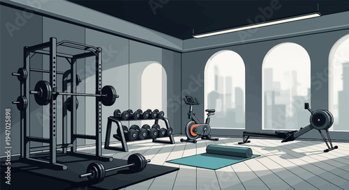 Pixel art gym with weights, bikes, rower, and yoga mat