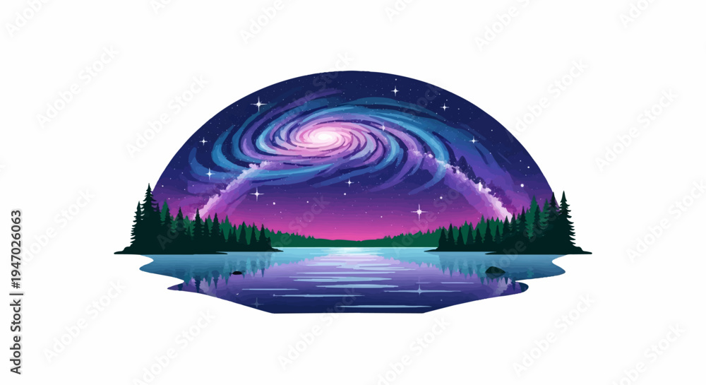 Fototapeta premium Pixel art of a galaxy over a serene lake reflecting pine trees under a starry sky