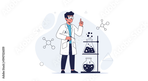 Scientist in Lab Coat with Flasks and Molecules - Science Research and Discovery