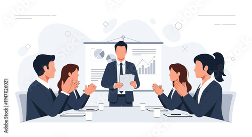 Business meeting success: colleagues applaud speaker presenting charts on screen