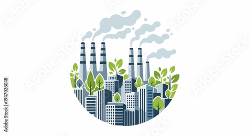 Industrial smokestacks amidst buildings and trees, spewing smoke