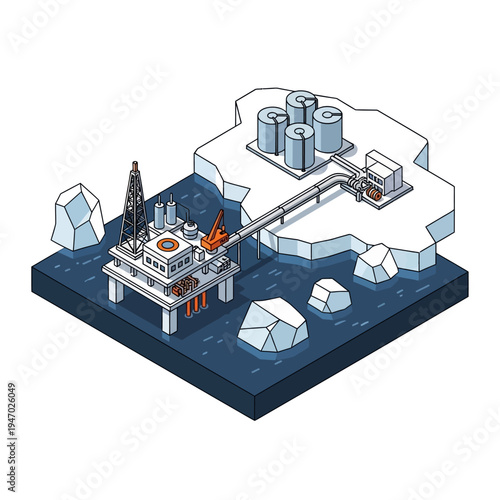 Isometric illustration of an offshore oil rig extracting resources in the Arctic.