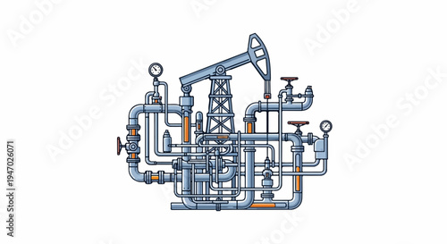Industrial oil extraction pump with a complex network of pipes, gauges, and valves