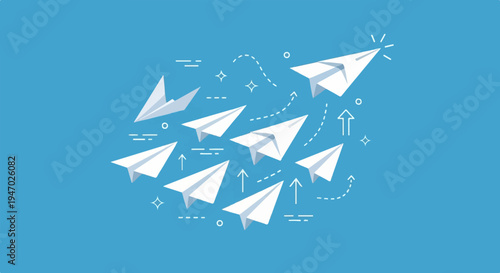 Flock of paper planes soaring towards a bright future