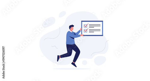 Businessman running with checklist, task completion, successful project management concept