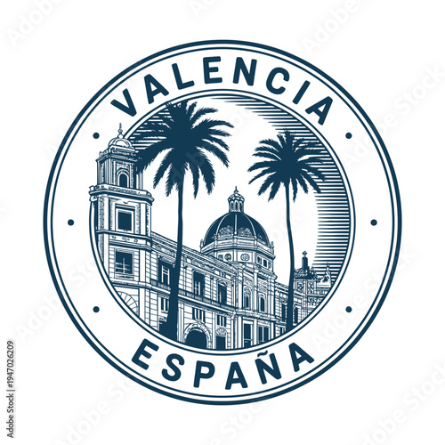 Valencia spain a vintage style circular stamp illustration with palm trees