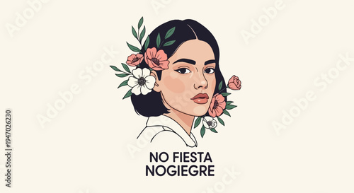 Stylized portrait of a woman with dark hair adorned with pink and white flowers and green leaves