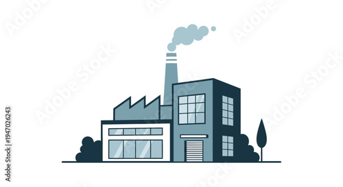 Modern Industrial Factory Building Vector Icon with Smokestack and Smoke - Manufacturing Plant Illustration for Business and Production Concepts