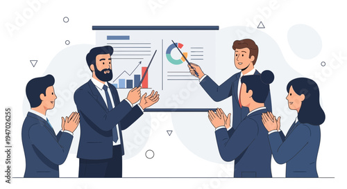 Business meeting presentation with charts and graphs, team clapping for success