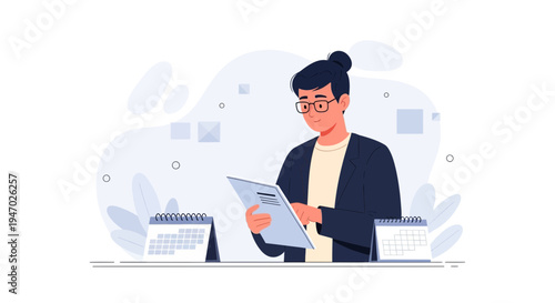 Man in glasses with bun hairstyle reviewing documents with calendars