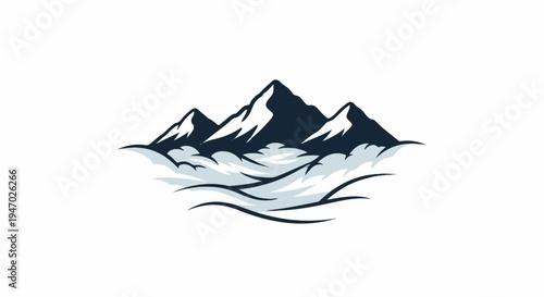 Stylized dark blue and white mountains emerge from stylized cloud formations on a white background