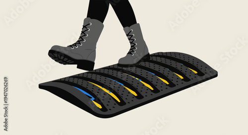 Footwear on textured, curved obstacle with colored inserts