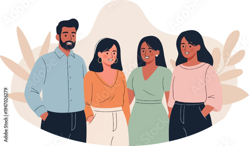 Diverse group of people posing for a picture with abstract plant shapes in the background