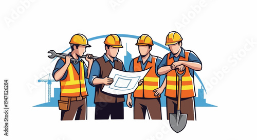 Four construction workers in hard hats and vests collaborate on blueprints near a cityscape