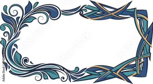 Ornate flowing frame design with swirling leaves and abstract interwoven shapes in blues and greens