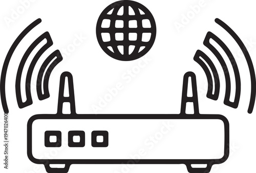 Black and white vector icon of a wireless internet router with two antennas emitting Wi-Fi signals towards a globe, symbolizing global network connectivity and communication. isolated PNG with
