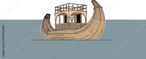 Stylized reed boat with a multi-level deck structure