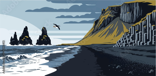 Pixel art scene of a bird flying over a black sand beach with rocky sea stacks and basalt columns