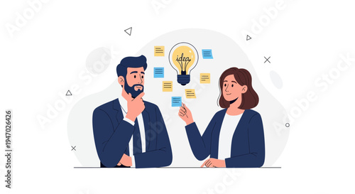 Team Brainstorming: Business People Discussing Ideas with Lightbulb and Sticky Notes