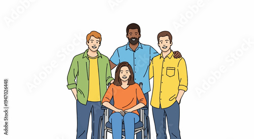 Diverse group of smiling people with one in a wheelchair