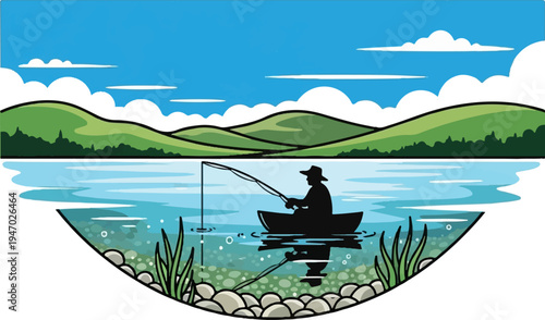 Silhouette of a lone angler in a boat, casting a line into clear waters, with rolling hills under a blue sky