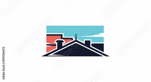 Stylized rooftops with a vibrant sky backdrop and a central antenna