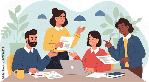 Four professionals collaborate around a table with a laptop, papers, and a mug