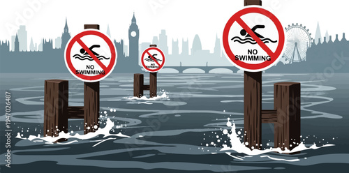 City skyline with no swimming signs in a choppy river