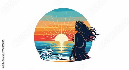 Stylized silhouette of a woman gazing at a vibrant sunset over the ocean