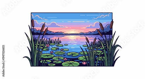 Pixel art serene lake at sunset with reeds and lily pads