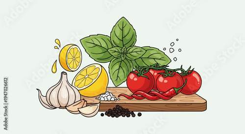 Fresh ingredients for cooking, including lemons, tomatoes, garlic, basil, and spices, arranged on a wooden board