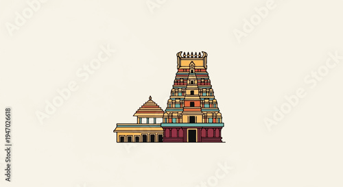 Stylized depiction of a vibrant, tiered temple with intricate details and decorative finials