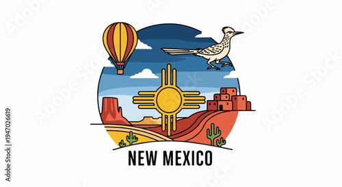 Stylized desert scene with a roadrunner, hot air balloon, sun symbol, pueblo buildings, and cacti