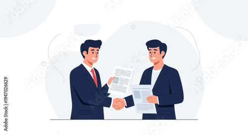 Businessmen shaking hands over documents, agreement and partnership concept