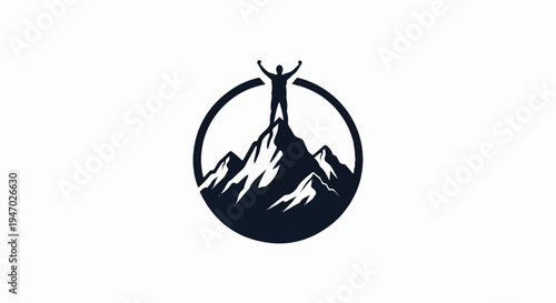 Silhouette of a person celebrating victory atop a mountain peak within a circular frame