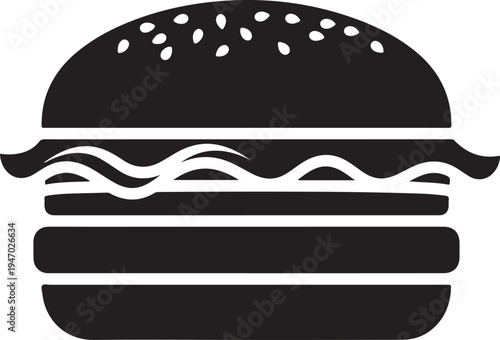 Black and white silhouette of a classic hamburger with sesame seeds.
