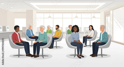 Diverse people in modern chairs attend a presentation or class in a bright, airy room