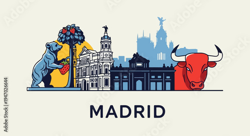 Stylized skyline silhouette with iconic bear, bull, and buildings