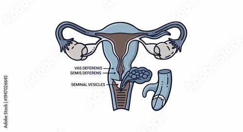 Stylized diagram of male and female reproductive anatomy with labels